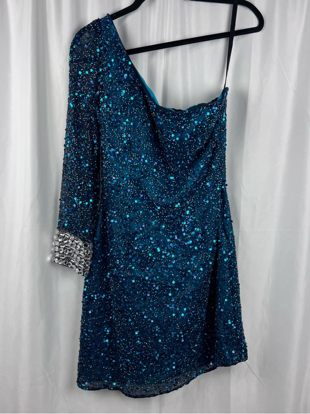 Shail K. Silk One Shoulder Aqua Blue Sequin Mini Sequin Dress Sz. 10